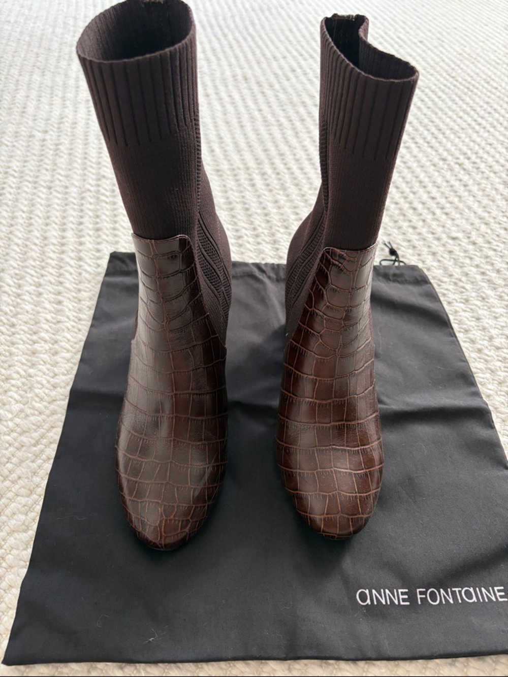 Anne Fontaine Dark Brown Croc-Embossed Knit Sock Ankle Boots 39